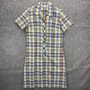 Vintage 60s 70s Seersucker Shift Dress Short Sleeve Plaid Western Country Miss